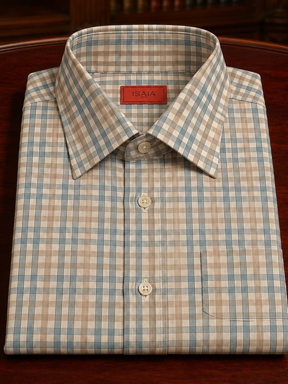 Isaia Blue and Beige Plaid Dress Shirt